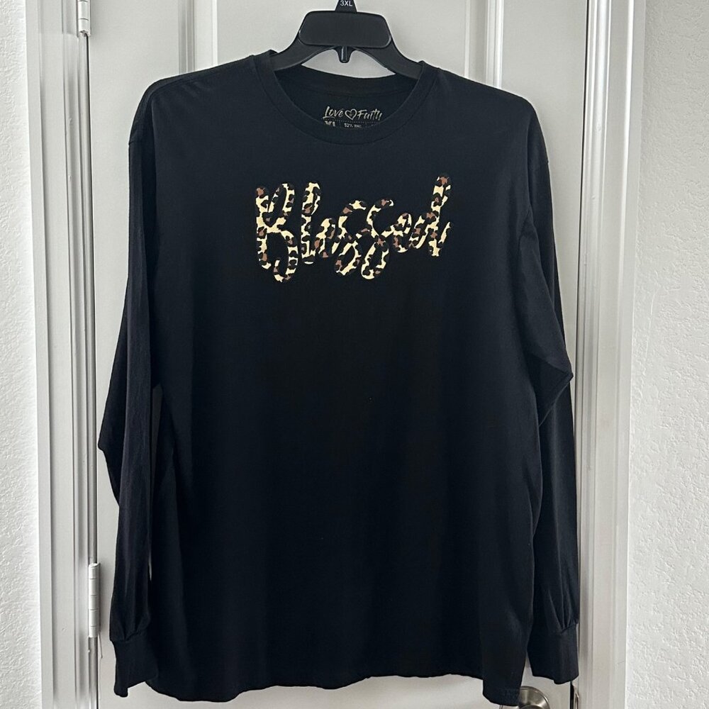 Blessed Leopard Print Long-Sleeve Shirt By Love Faith XL Black Cotton/Poly Blend